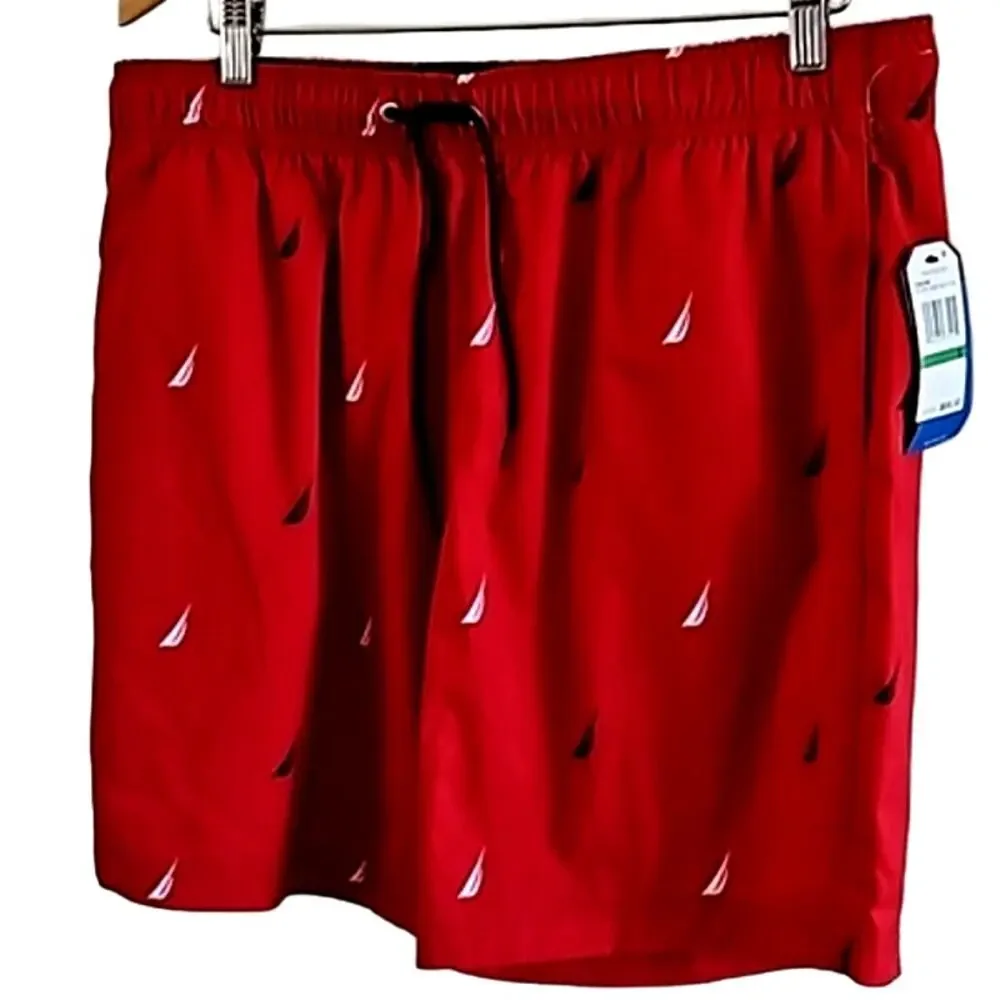 Nautica Men's Red Quick-Dry Swim Trunks Shorts - Size Large, Sailboat Print, NWT